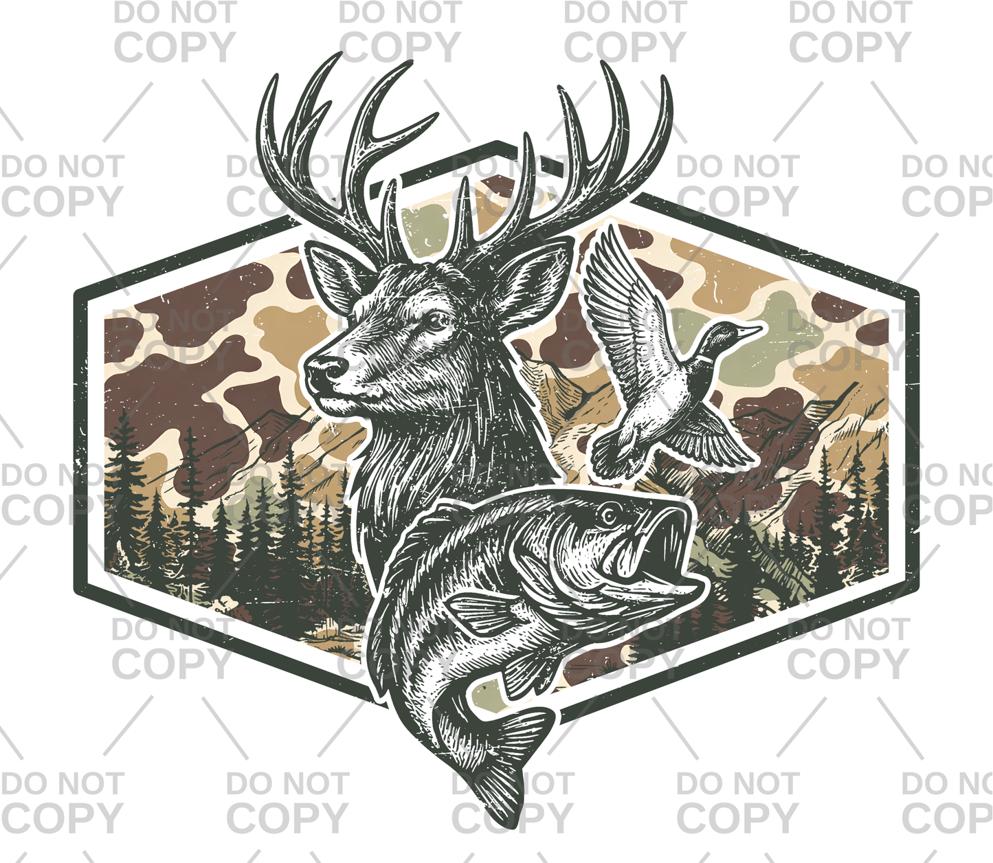Vintage Camouflage Deer Duck Fish DTF Transfer