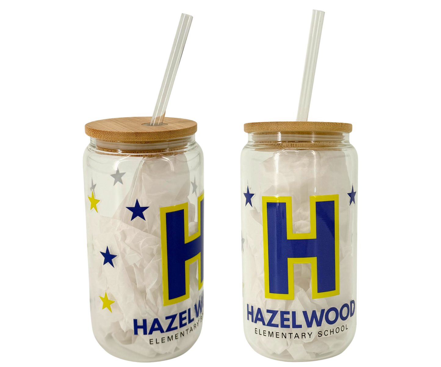 Hazelwood Elementary | HES-14 | Classic H Scattered Stars 16 oz Glass Can Cup
