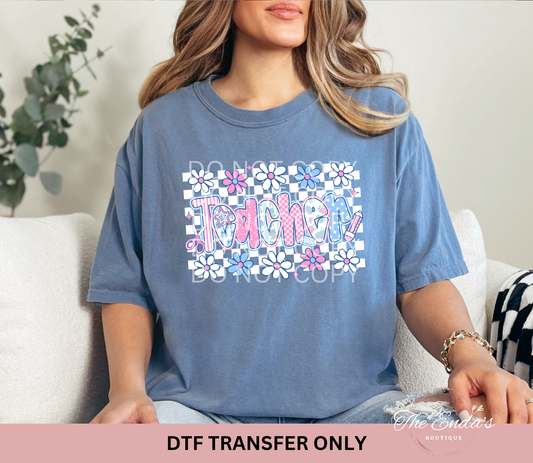 Pastel Floral Checkered Teacher DTF Transfer