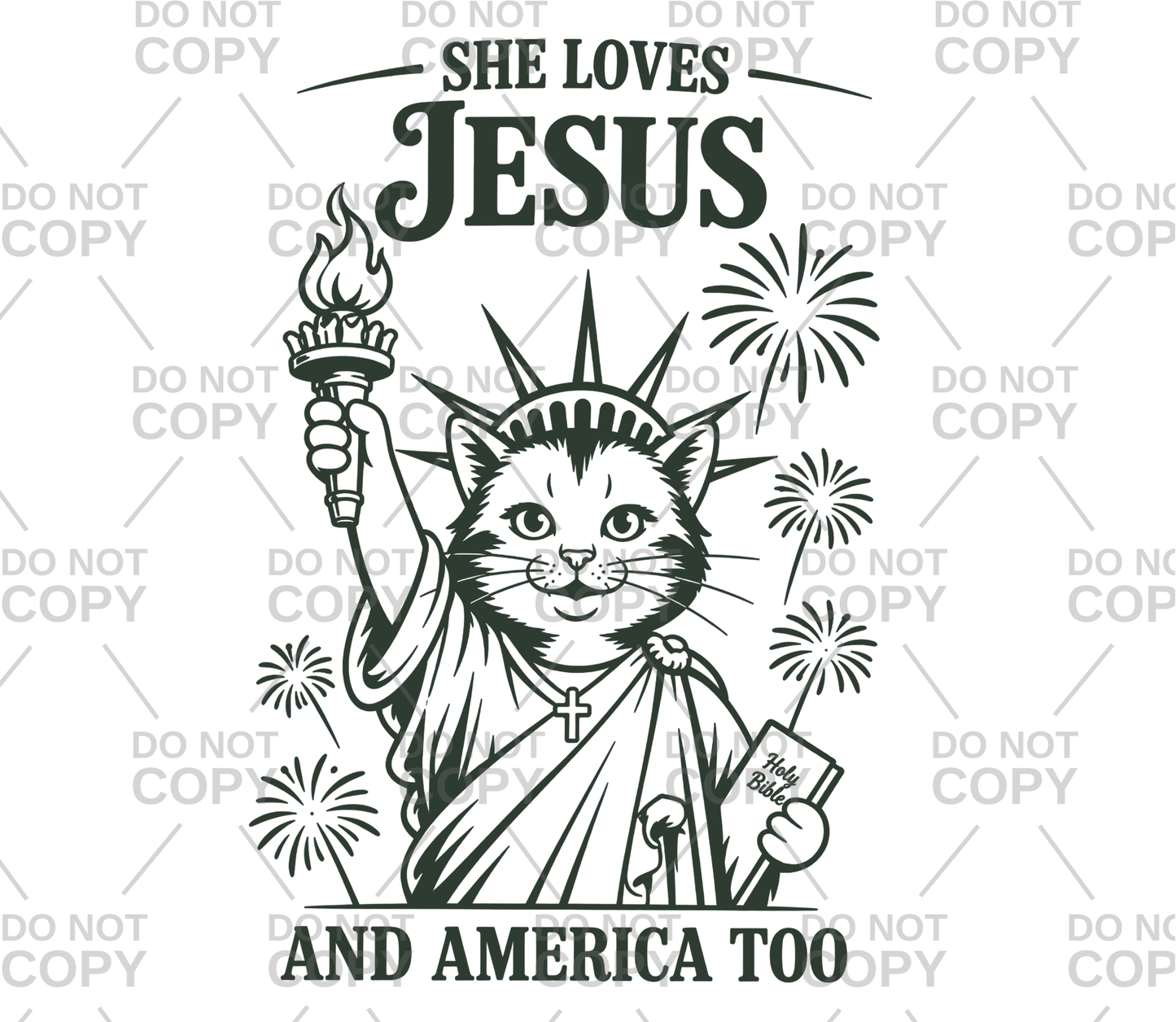 Cat Liberty She Loves Jesus And America Too DTF Transfer