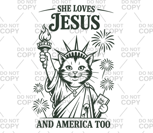 Cat Liberty She Loves Jesus And America Too DTF Transfer