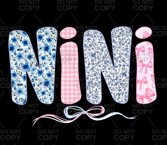 Blue Floral Pink Bows NINI Coquette DTF Transfer