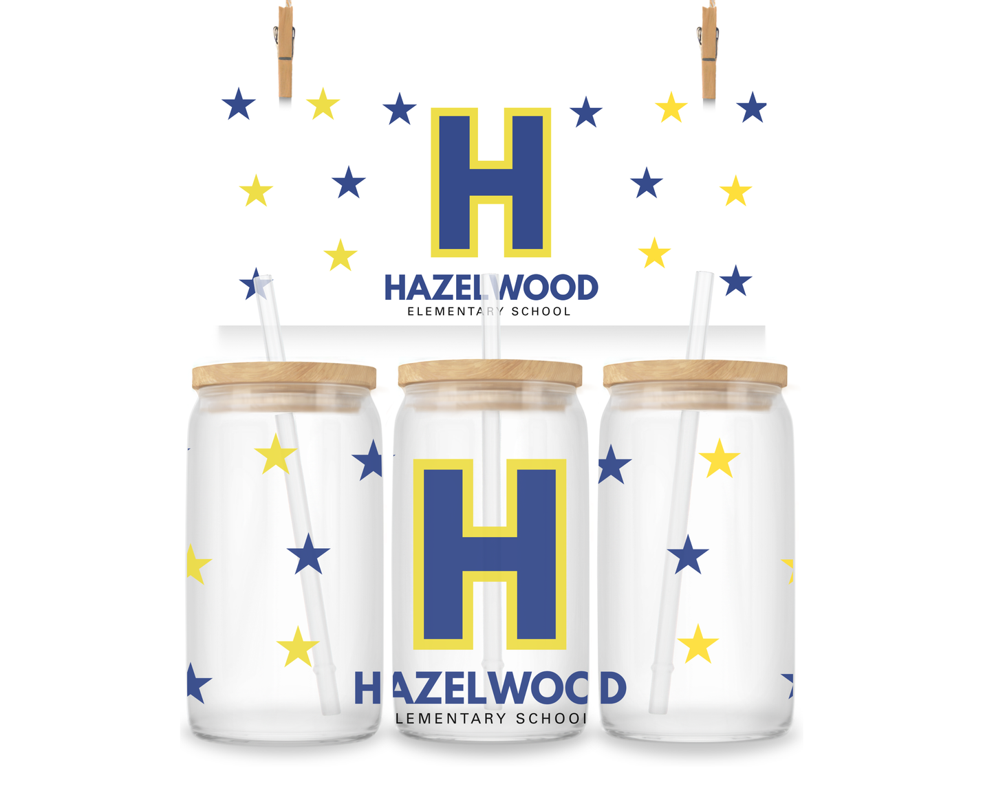 Hazelwood Elementary | HES-14 | Classic H Scattered Stars 16 oz Glass Can Cup