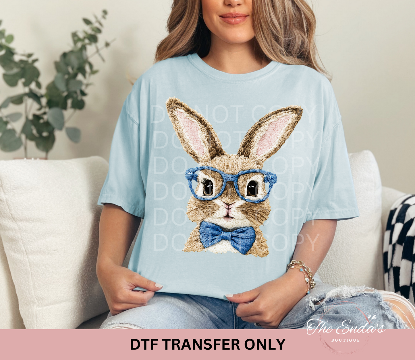 Blue Faux Embroidery Bunny with Glasses DTF Transfer